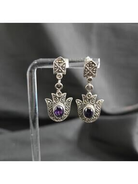 Vintage Sterling Silver Amethyst Marcasite Earrings 925 Art Deco Dangle Drop